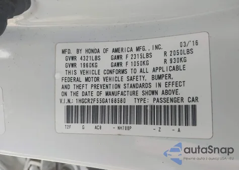 2016 Honda Accord Sport z USA, uszkodzony, nr VIN 1HGCR2F55GA168580